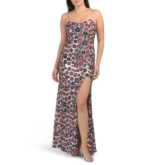 BETSY & ADAM Nude Multi Sequin Embellished Floral Patterned Gown - Picture 1 of 2